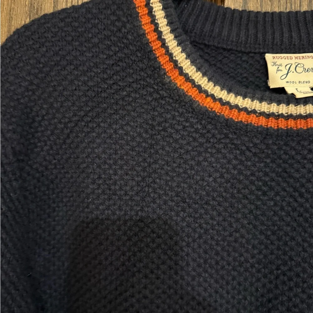 J. Crew Rugged Merino Crewneck Sweater Men’s Large Navy Stripe Collar Preppy